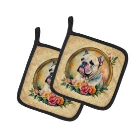 English Bulldog and Flowers Pair of Pot Holders Kitchen Heat Resistant Pot Holders Sets Oven Hot Pads for Cooking Baking BBQ, 7 1/2 x 7 1/2