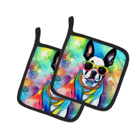 Boston Terrier Hippie Dawg Pair of Pot Holders Kitchen Heat Resistant Pot Holders Sets Oven Hot Pads for Cooking Baking BBQ, 7 1/2 x 7 1/2